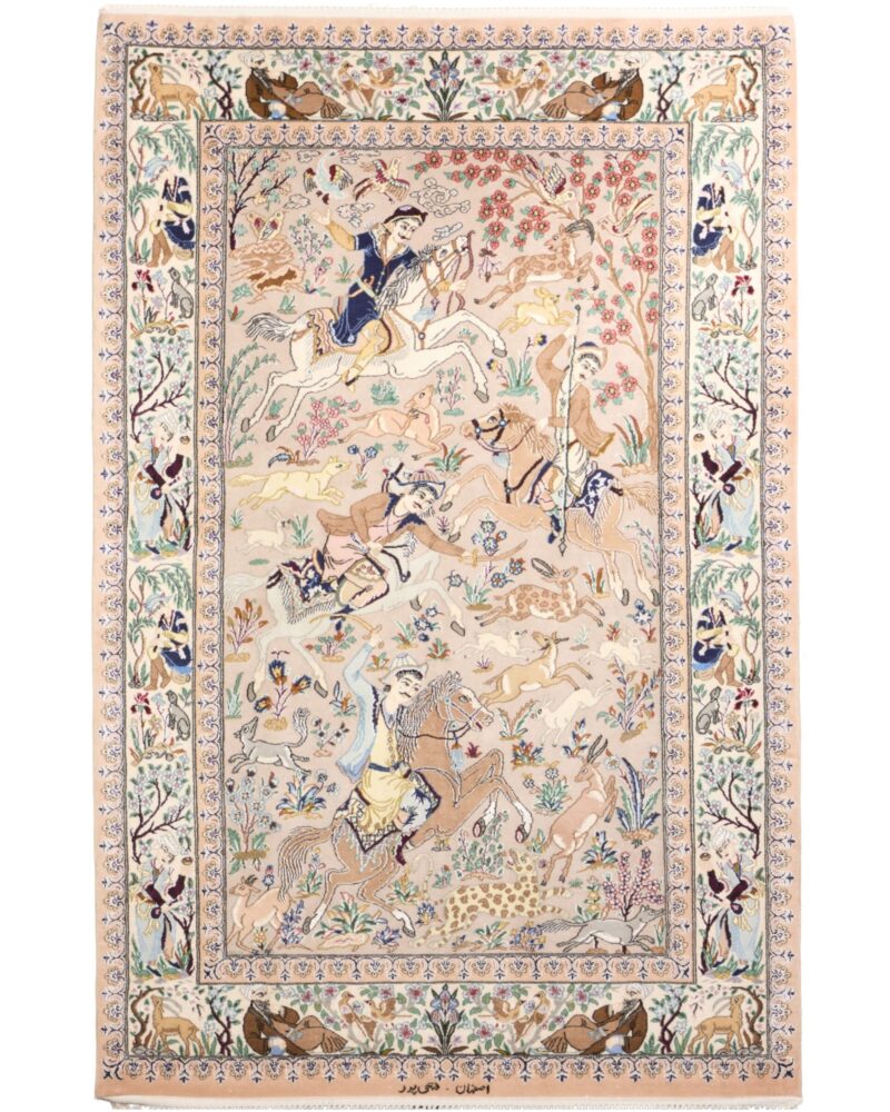 Fine Silk/Wool Persian Isfahan Hunting Design 6 x 3.9