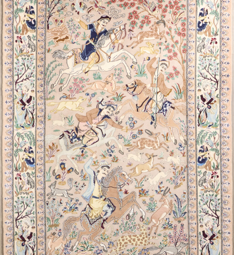Fine Silk/Wool Persian Isfahan Hunting Design 6 x 3.9